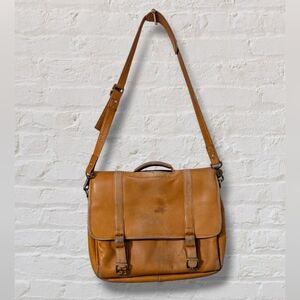 Classic Tan Leather Messenger Bag 10 Pockets